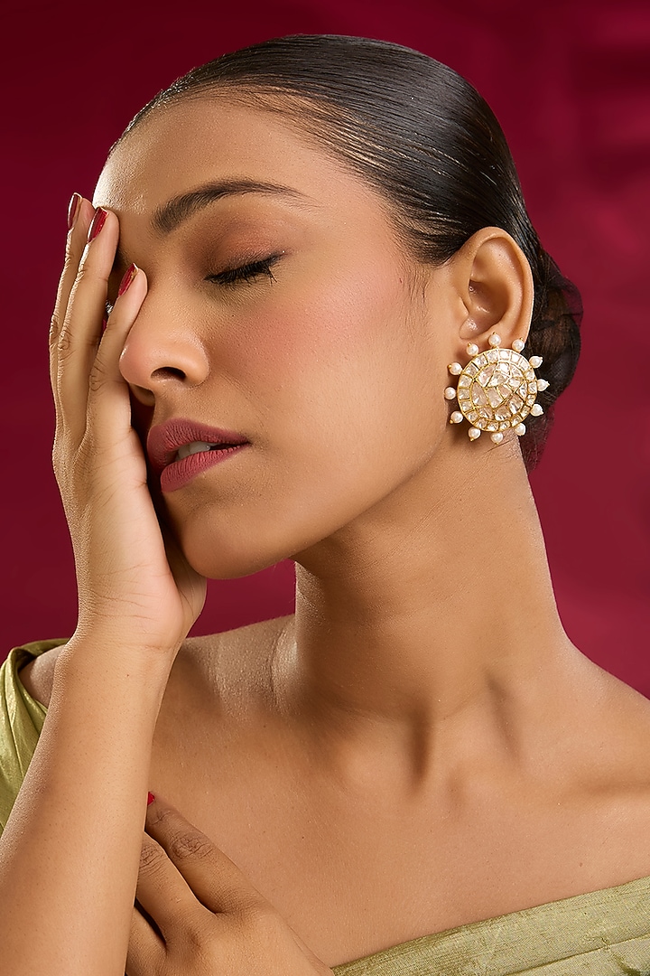 Yellow Gold Finish Moissanite Polki & Taiwan Shell Pearl Stud Earrings In Sterling Silver by STELLA CREATIONS at Pernia's Pop Up Shop