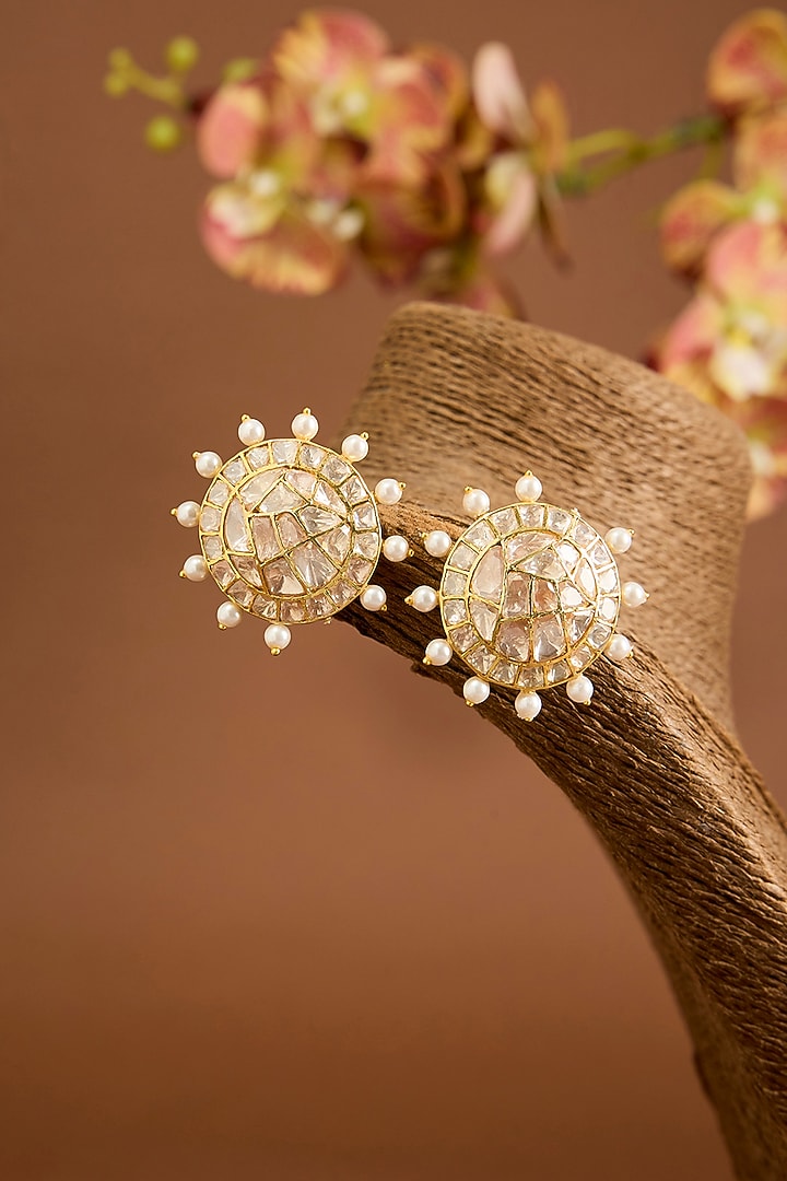 Yellow Gold Finish Moissanite Polki & Taiwan Shell Pearl Stud Earrings In Sterling Silver by STELLA CREATIONS at Pernia's Pop Up Shop