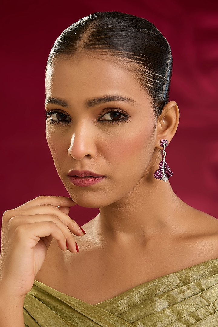White Gold Finish Swarovski Zircon & Ruby Stone Dangler Earrings In Sterling Silver by STELLA CREATIONS at Pernia's Pop Up Shop