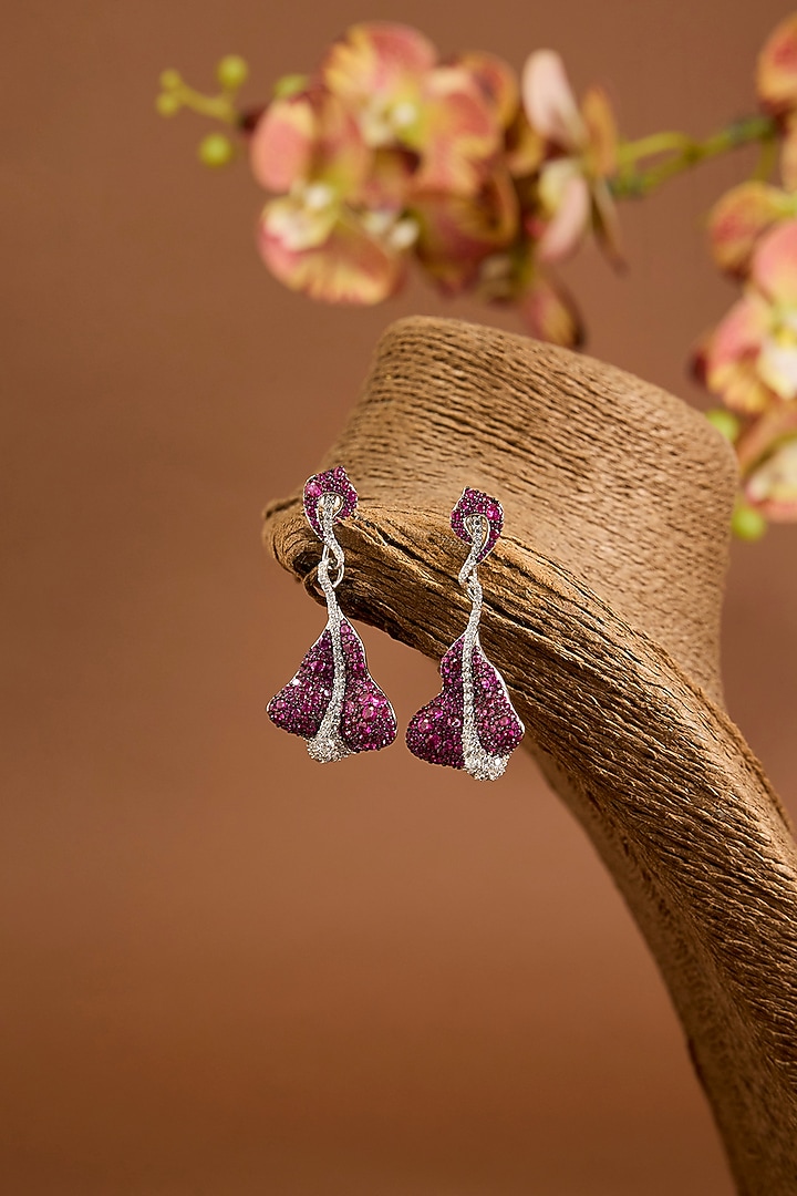 White Gold Finish Swarovski Zircon & Ruby Stone Dangler Earrings In Sterling Silver by STELLA CREATIONS at Pernia's Pop Up Shop
