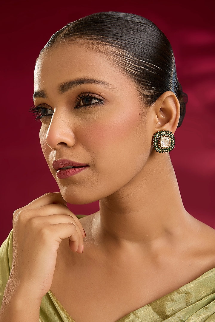 Yellow Gold Finish Swarovski Zircon & Emerald Stone Stud Earrings In Sterling Silver by STELLA CREATIONS at Pernia's Pop Up Shop