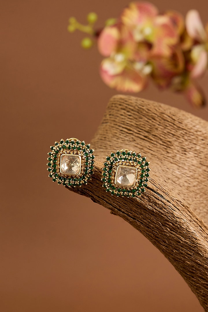 Yellow Gold Finish Swarovski Zircon & Emerald Stone Stud Earrings In Sterling Silver by STELLA CREATIONS at Pernia's Pop Up Shop