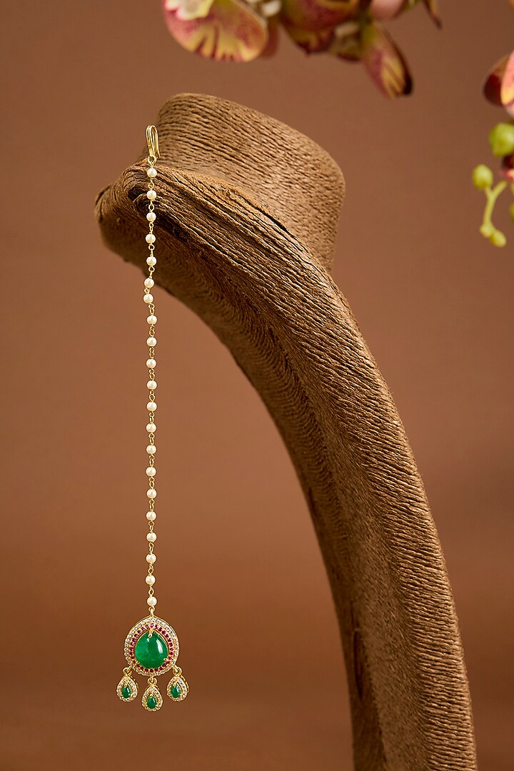 Yellow Gold Finish Ruby & Emerald Stone Maangtikka In Sterling Silver by STELLA CREATIONS at Pernia's Pop Up Shop