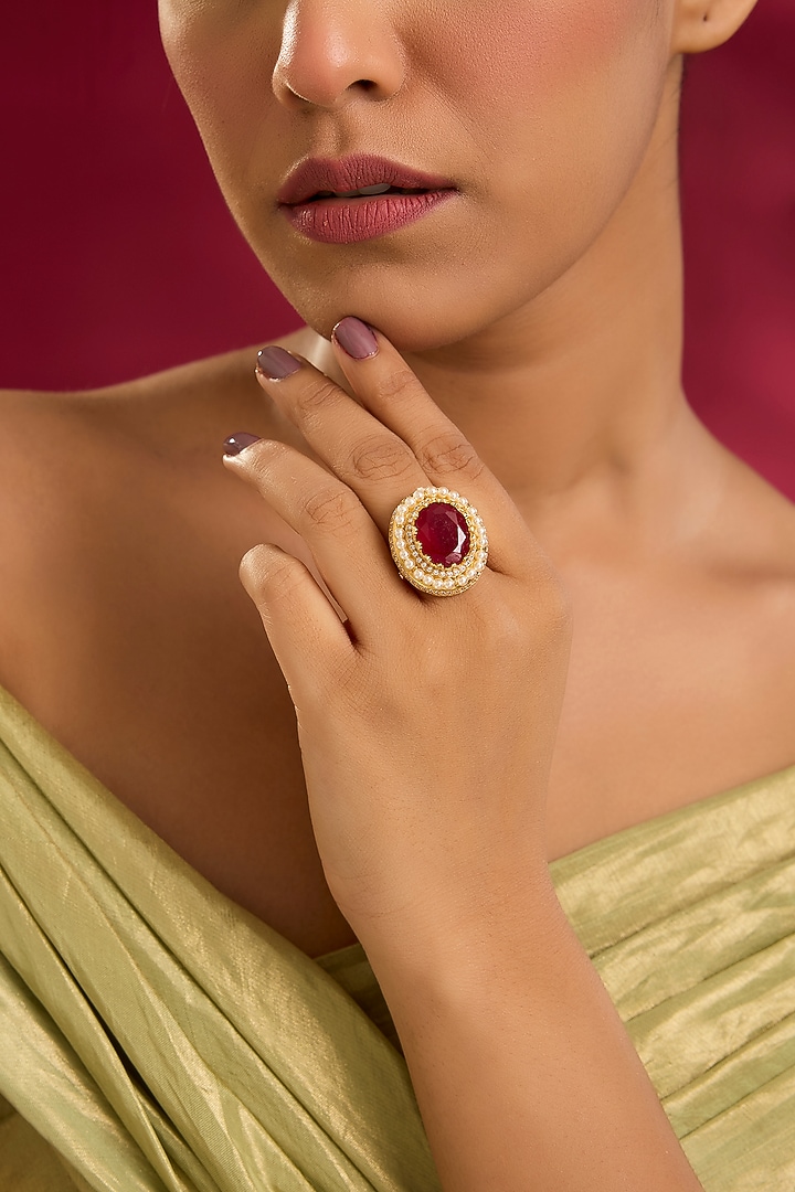 Yellow Gold Finish Swarovski Zircon & Ruby Stone Ring In Sterling Silver by STELLA CREATIONS at Pernia's Pop Up Shop