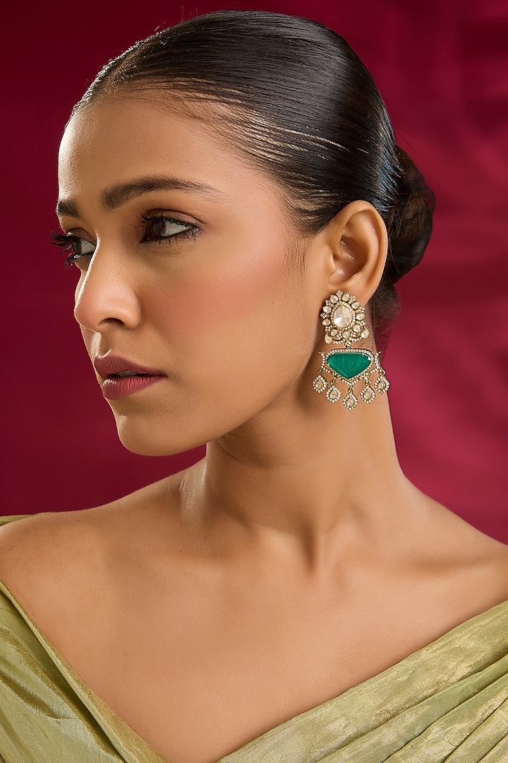 Oxidised Gold Finish Swarovski Zircon & Emerald Stone Dangler Earrings In Sterling Silver by STELLA CREATIONS at Pernia's Pop Up Shop