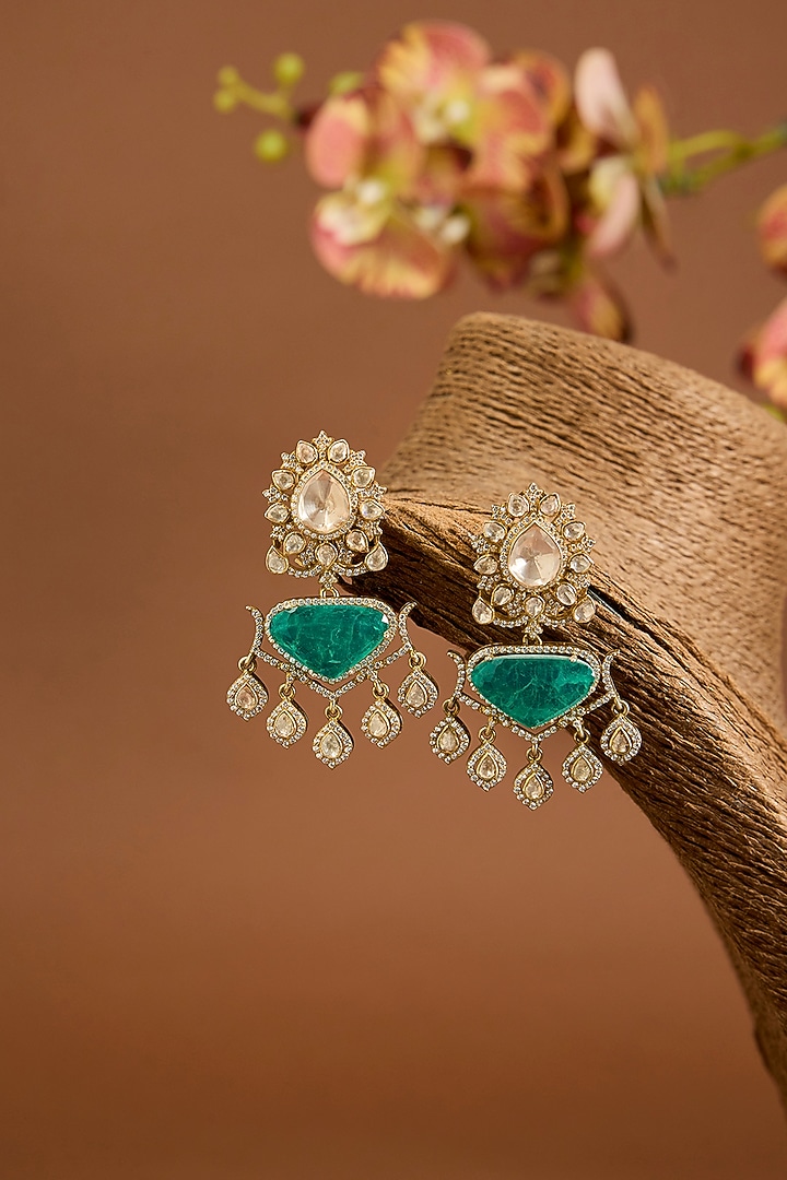 Oxidised Gold Finish Swarovski Zircon & Emerald Stone Dangler Earrings In Sterling Silver by STELLA CREATIONS at Pernia's Pop Up Shop