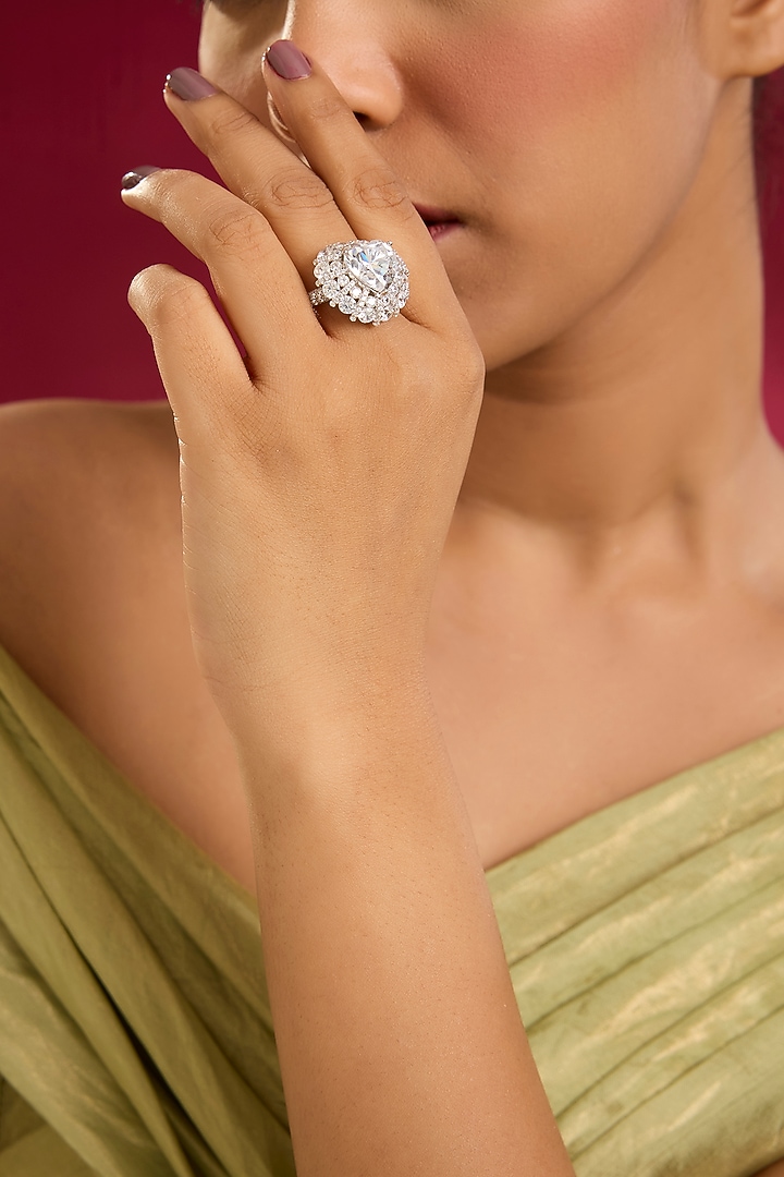 White Gold Finish Swarovski Zircon Ring In Sterling Silver by STELLA CREATIONS at Pernia's Pop Up Shop