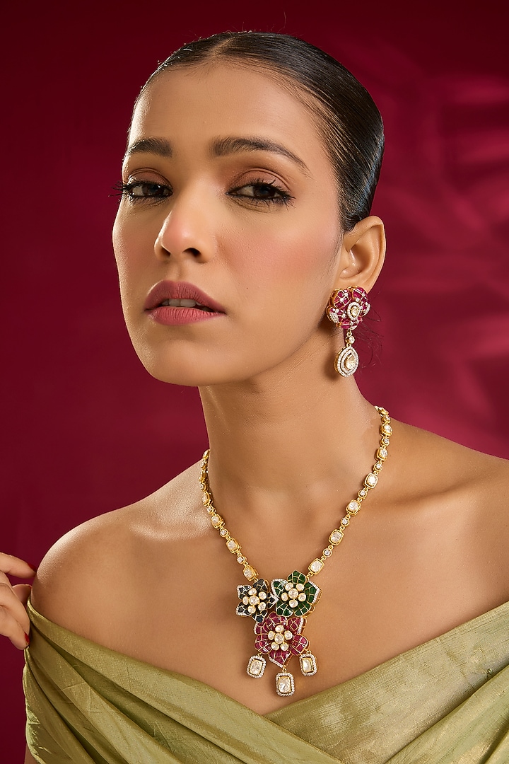 Yellow Gold Finish Swarovski Zircon & Moissanite Polki Necklace Set In Sterling Silver by STELLA CREATIONS at Pernia's Pop Up Shop