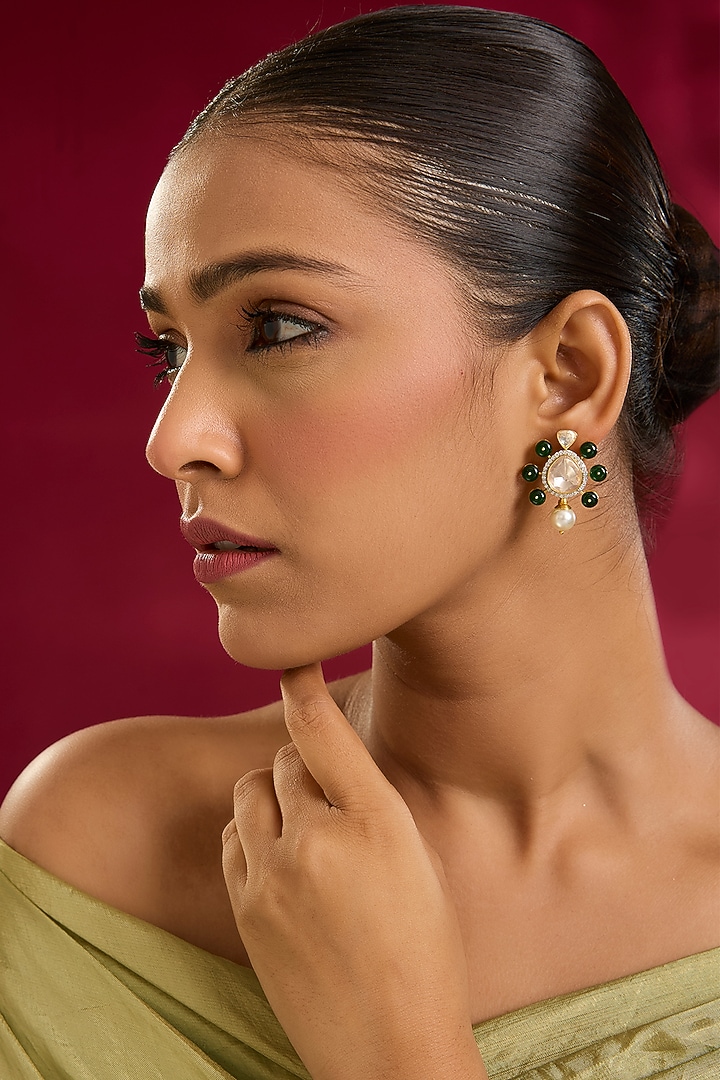 Yellow Gold Finish Swarovski Zircon & Emerald Stone Stud Earrings In Sterling Silver by STELLA CREATIONS at Pernia's Pop Up Shop