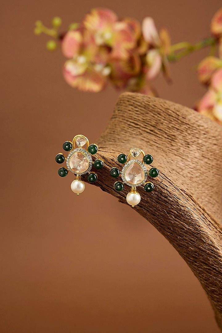 Yellow Gold Finish Swarovski Zircon & Emerald Stone Stud Earrings In Sterling Silver by STELLA CREATIONS at Pernia's Pop Up Shop