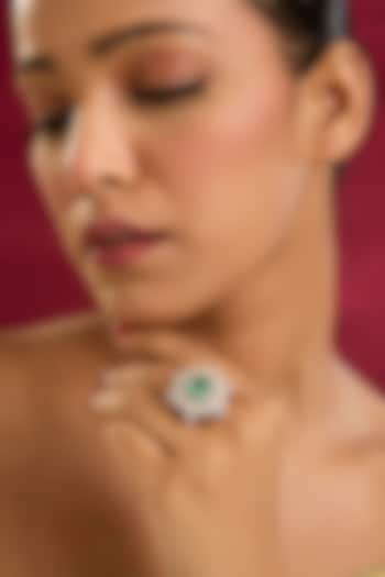 White Gold Finish Swarovski Zircon & Emerald Stone Ring In Sterling Silver by STELLA CREATIONS at Pernia's Pop Up Shop