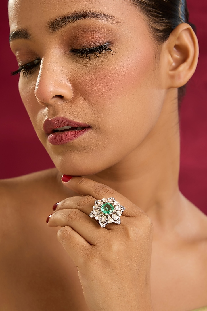 White Gold Finish Swarovski Zircon & Emerald Stone Ring In Sterling Silver by STELLA CREATIONS at Pernia's Pop Up Shop