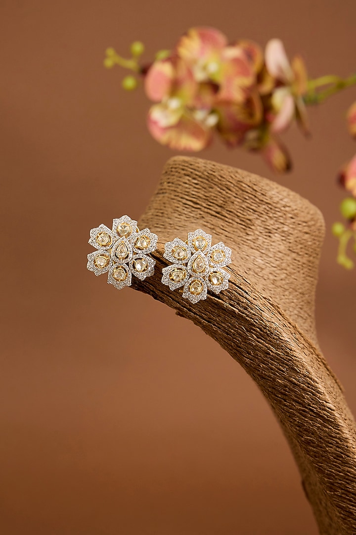 Yellow Gold Finish Swarovski Zircon & Moissanite Polki Stud Earrings In Sterling Silver by STELLA CREATIONS at Pernia's Pop Up Shop