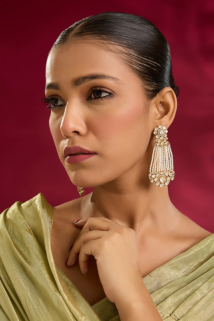 Yellow Gold Finish Moissanite Polki & Taiwan Shell Pearl Dangler Earrings In Sterling Silver by STELLA CREATIONS at Pernia's Pop Up Shop