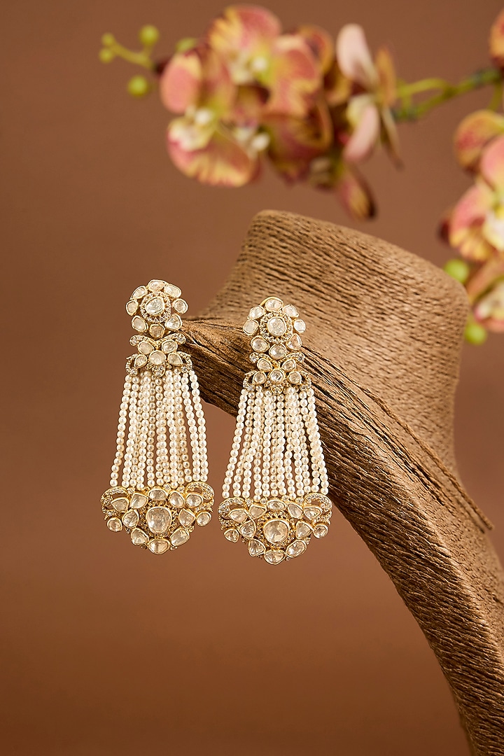 Yellow Gold Finish Moissanite Polki & Taiwan Shell Pearl Dangler Earrings In Sterling Silver by STELLA CREATIONS at Pernia's Pop Up Shop