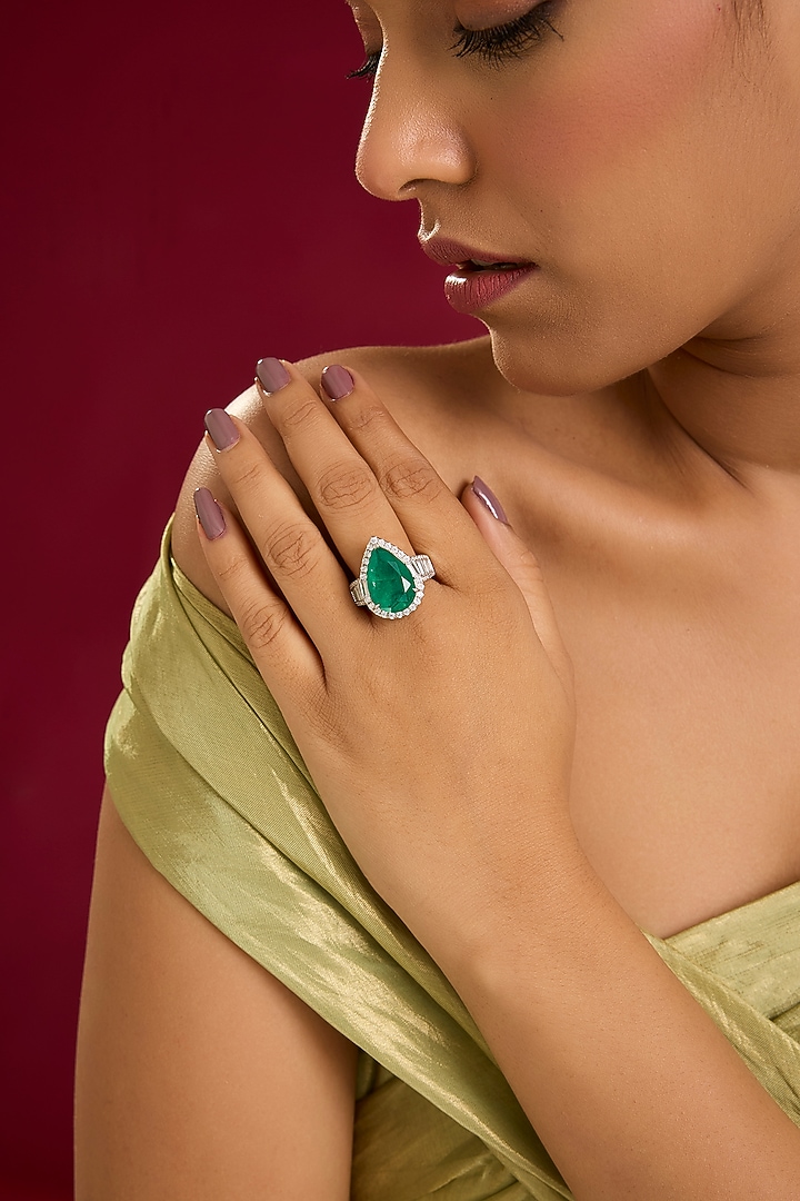 White Gold Finish Swarovski Diamond & Emerald Stone Ring In Sterling Silver by STELLA CREATIONS at Pernia's Pop Up Shop