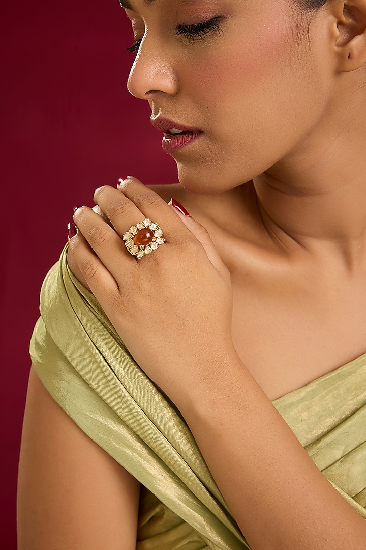 Yellow Gold Finish Moissanite Polki & Tourmaline Stone Ring In Sterling Silver by STELLA CREATIONS at Pernia's Pop Up Shop
