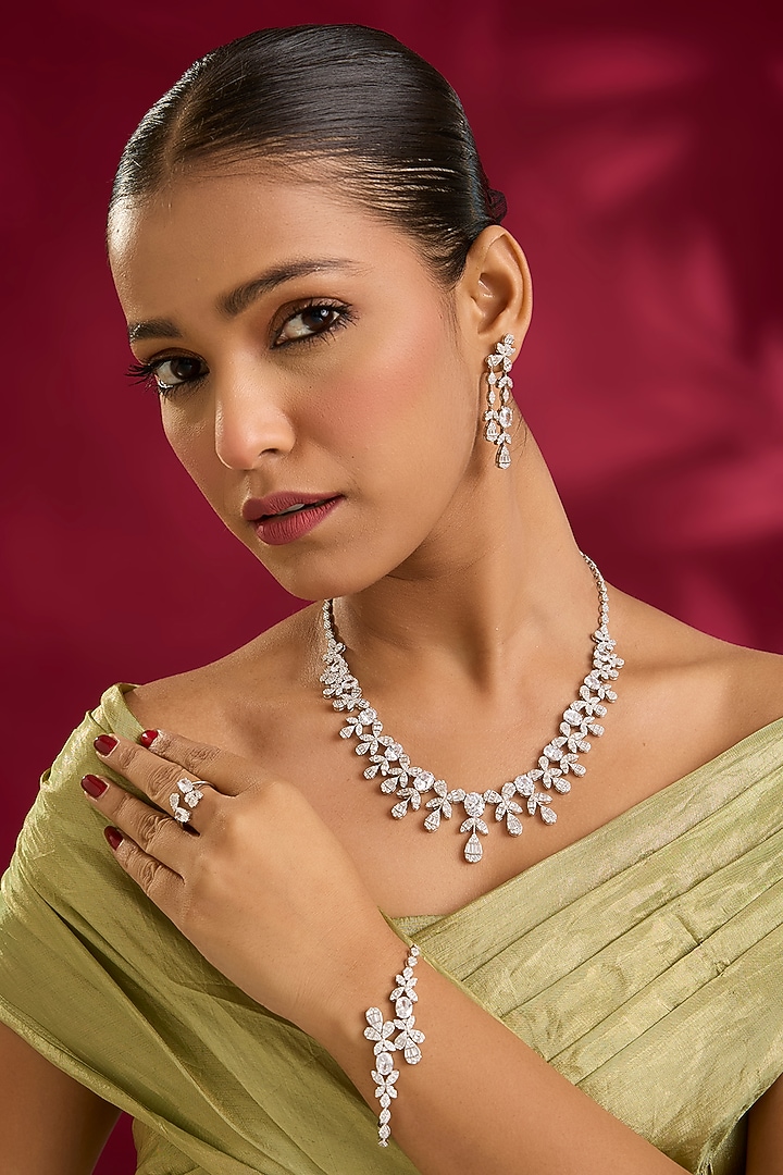 White Gold Finish Swarovski Zircon Necklace Set by STELLA CREATIONS at Pernia's Pop Up Shop