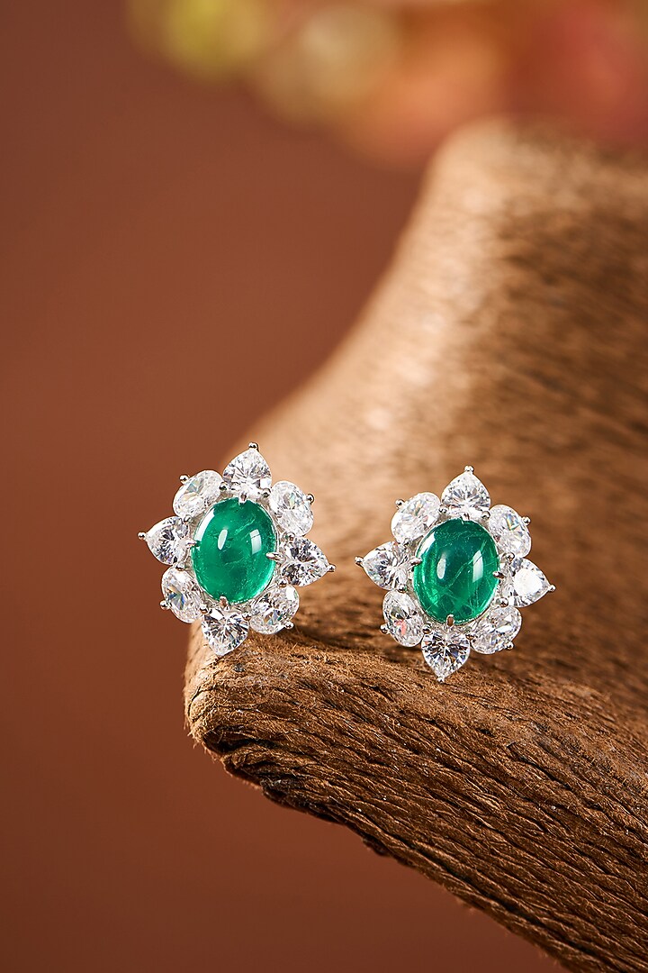 White Gold Finish Eurostar Zircon & Emerald Stone Stud Earrings In Sterling Silver by STELLA CREATIONS at Pernia's Pop Up Shop