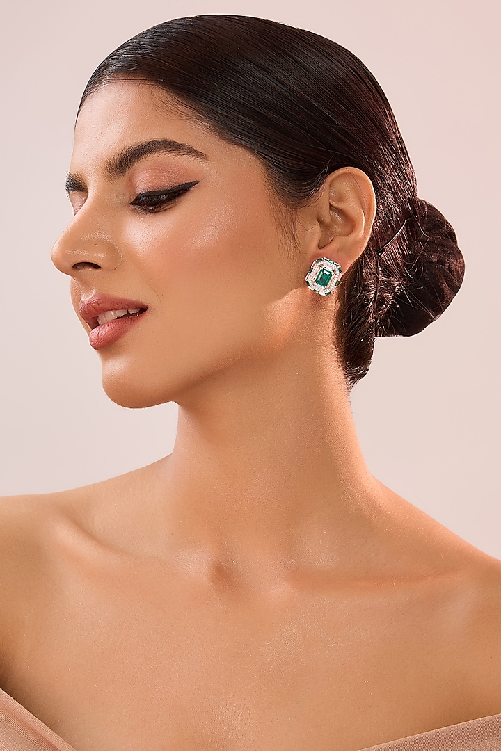 White Gold Finish Eurostar Zircon & Emerald Stone Stud Earrings In Sterling Silver by STELLA CREATIONS at Pernia's Pop Up Shop