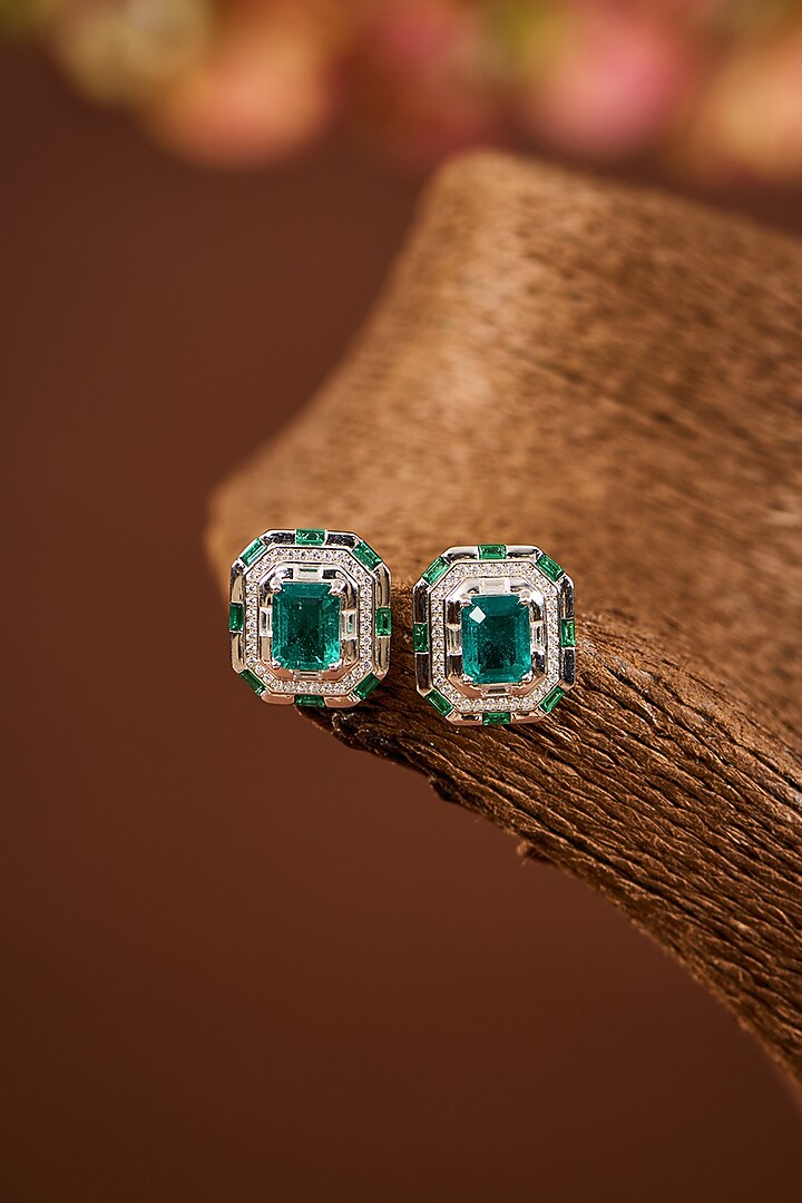 White Gold Finish Eurostar Zircon & Emerald Stone Stud Earrings In Sterling Silver by STELLA CREATIONS at Pernia's Pop Up Shop