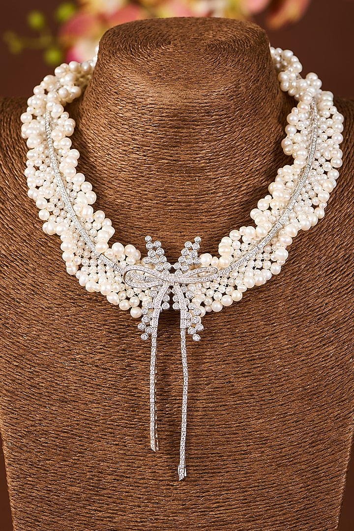White Gold Finish Eurostar Zircon & Freshwater Pearl Necklace In Sterling Silver by STELLA CREATIONS at Pernia's Pop Up Shop