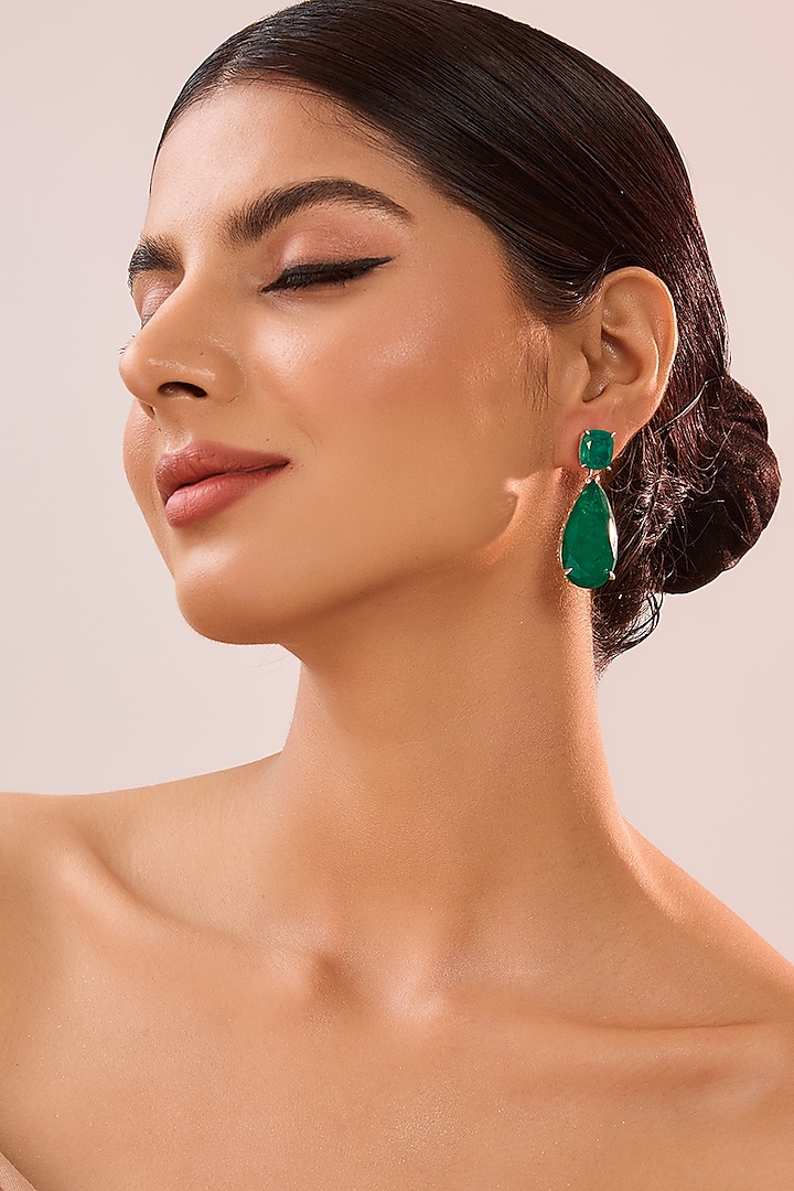 White Gold Finish Eurostar Zircon & Emerald Stone Dangler Earrings In Sterling Silver by STELLA CREATIONS at Pernia's Pop Up Shop