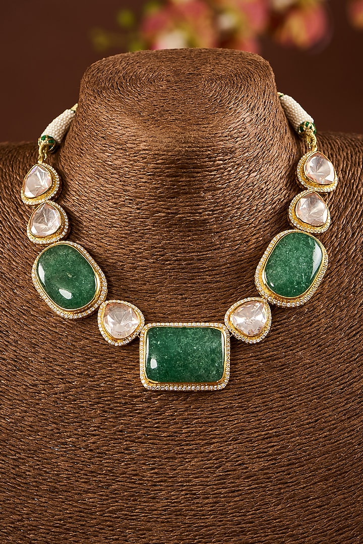 Yellow Gold Finish Moissanite Polki & Emerald Stone Choker Necklace Set In Sterling Silver by STELLA CREATIONS at Pernia's Pop Up Shop