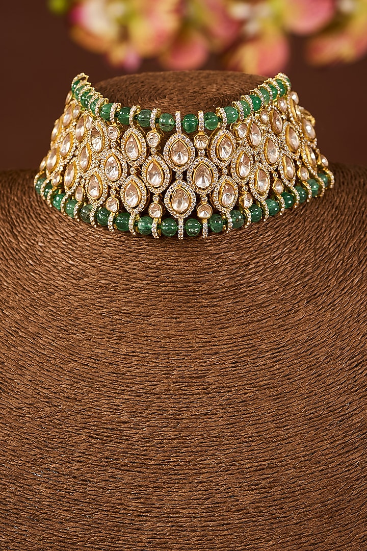 Yellow Gold Finish Moissanite Polki & Emerald Stone Choker Necklace In Sterling Silver by STELLA CREATIONS at Pernia's Pop Up Shop