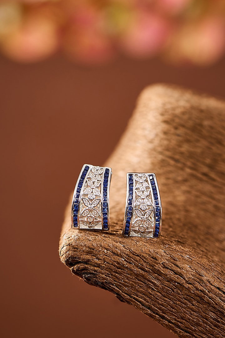 White Gold Finish Eurostar Zircon & Blue Sapphire Stone Stud Earrings In Sterling Silver by STELLA CREATIONS at Pernia's Pop Up Shop
