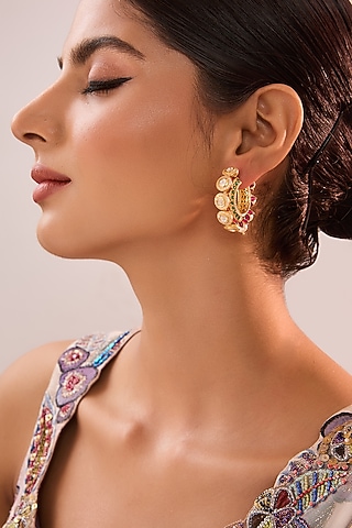 Yellow Gold Finish Moissanite Polki & Cubic Zirconia Hoop Earrings In Sterling Silver by STELLA CREATIONS