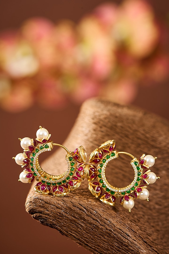 Yellow Gold Finish Moissanite Polki & Cubic Zirconia Hoop Earrings In Sterling Silver by STELLA CREATIONS at Pernia's Pop Up Shop