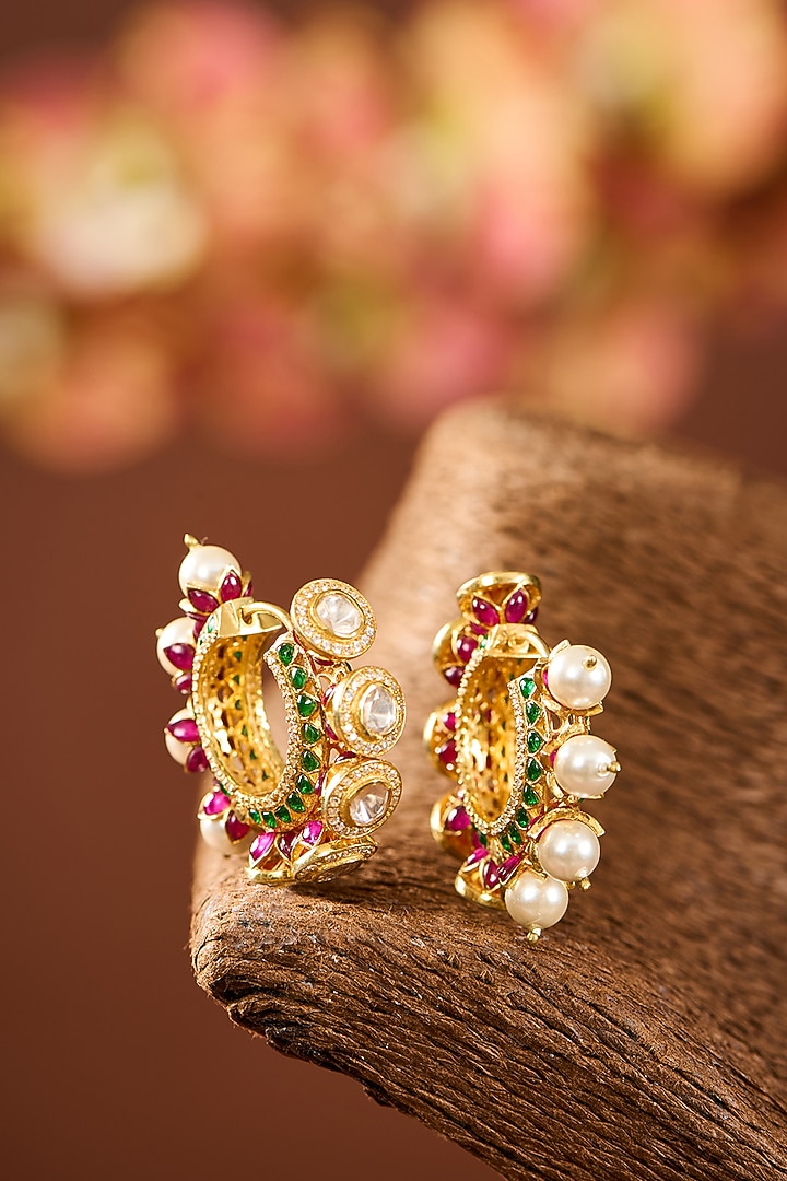 Yellow Gold Finish Moissanite Polki & Cubic Zirconia Hoop Earrings In Sterling Silver by STELLA CREATIONS at Pernia's Pop Up Shop