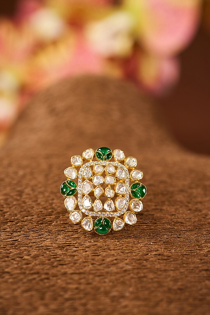 Yellow Gold Finish Moissanite Polki & Cubic Zirconia Adjustable Ring In Sterling Silver by STELLA CREATIONS at Pernia's Pop Up Shop