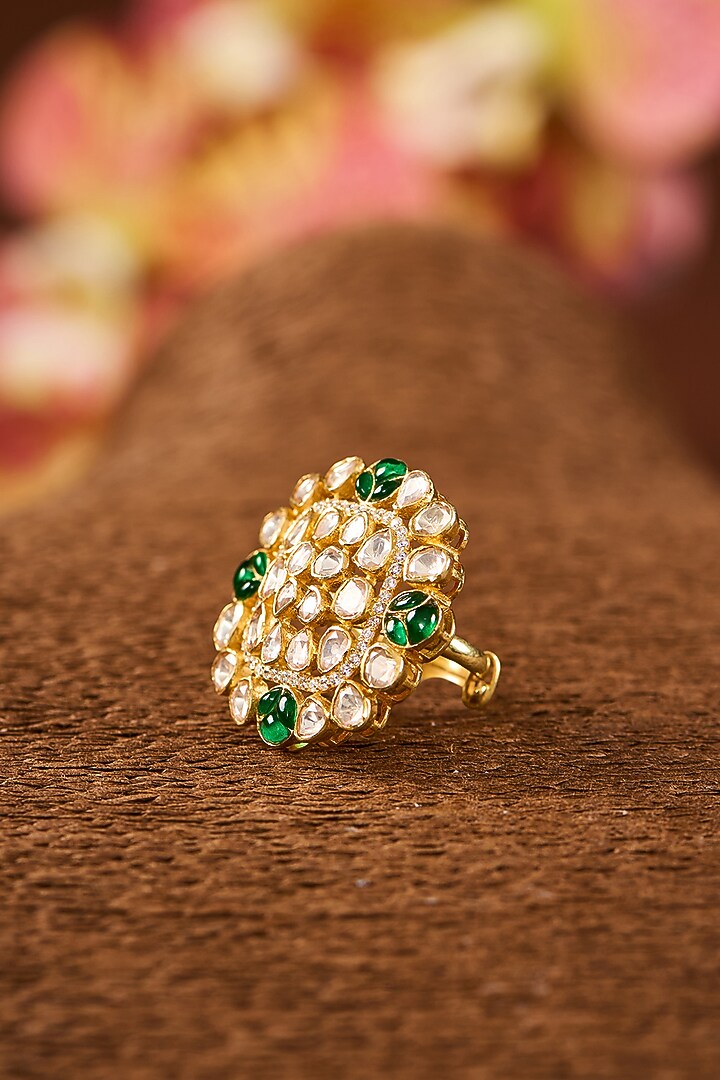 Yellow Gold Finish Moissanite Polki & Cubic Zirconia Adjustable Ring In Sterling Silver by STELLA CREATIONS at Pernia's Pop Up Shop