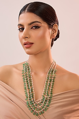 Yellow Gold Finish Moissanite Polki & Freshwater Pearl Beaded Necklace In Sterling Silver by STELLA CREATIONS