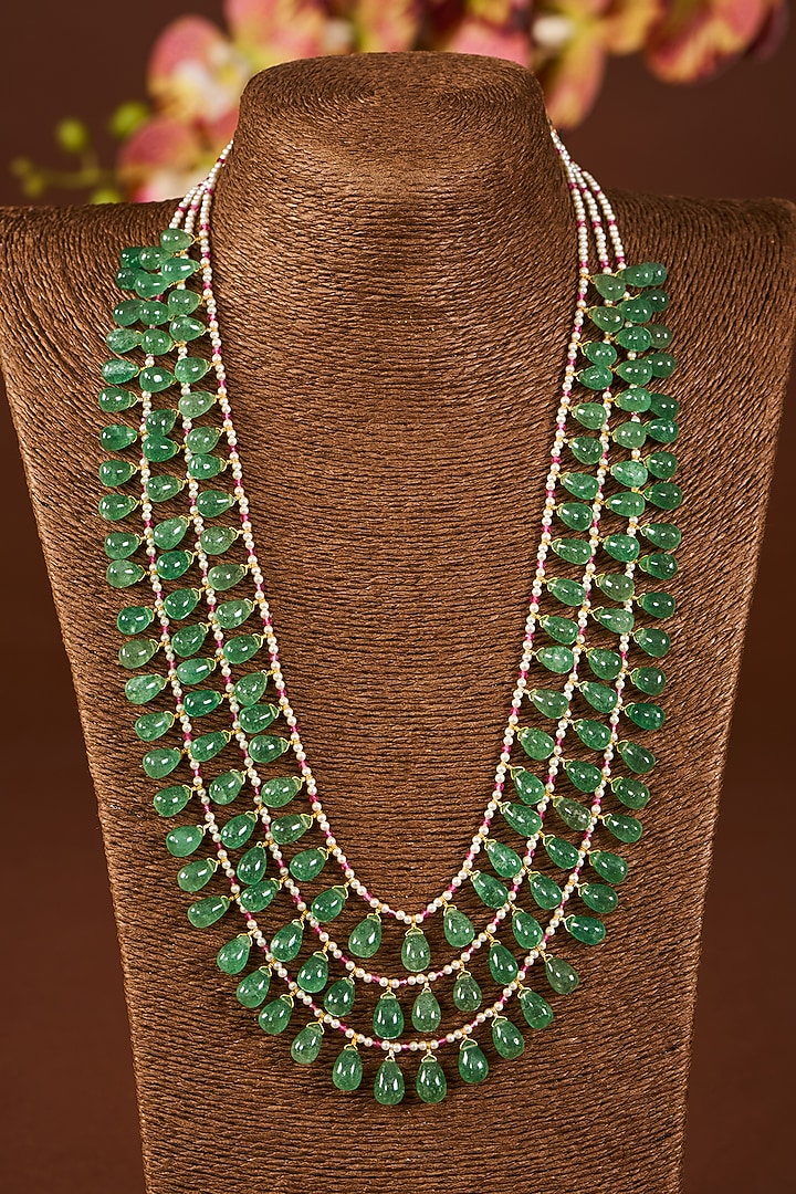Yellow Gold Finish Moissanite Polki & Freshwater Pearl Beaded Necklace In Sterling Silver by STELLA CREATIONS at Pernia's Pop Up Shop