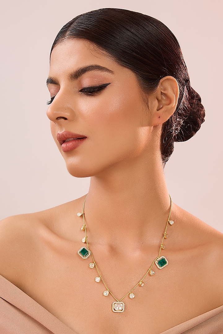 Yellow Gold Finish Moissanite Polki & Emerald Stone Necklace In Sterling Silver by STELLA CREATIONS at Pernia's Pop Up Shop