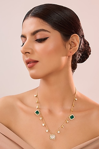 Yellow Gold Finish Moissanite Polki & Emerald Stone Necklace In Sterling Silver by STELLA CREATIONS