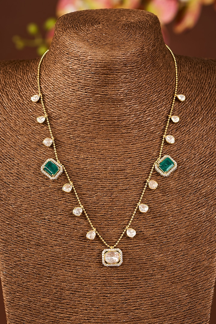 Yellow Gold Finish Moissanite Polki & Emerald Stone Necklace In Sterling Silver by STELLA CREATIONS at Pernia's Pop Up Shop