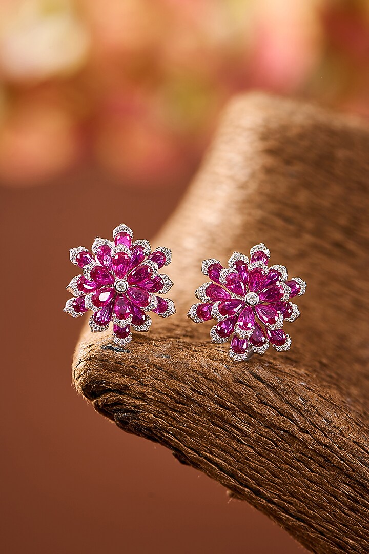 White Gold Finish Eurostar Zircon & Ruby Stone Stud Earrings In Sterling Silver by STELLA CREATIONS at Pernia's Pop Up Shop