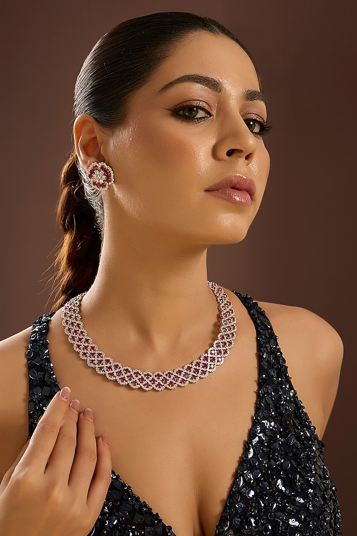 White Gold Finish Zircon & Ruby Stone Necklace Set In Sterling Silver by STELLA CREATIONS at Pernia's Pop Up Shop