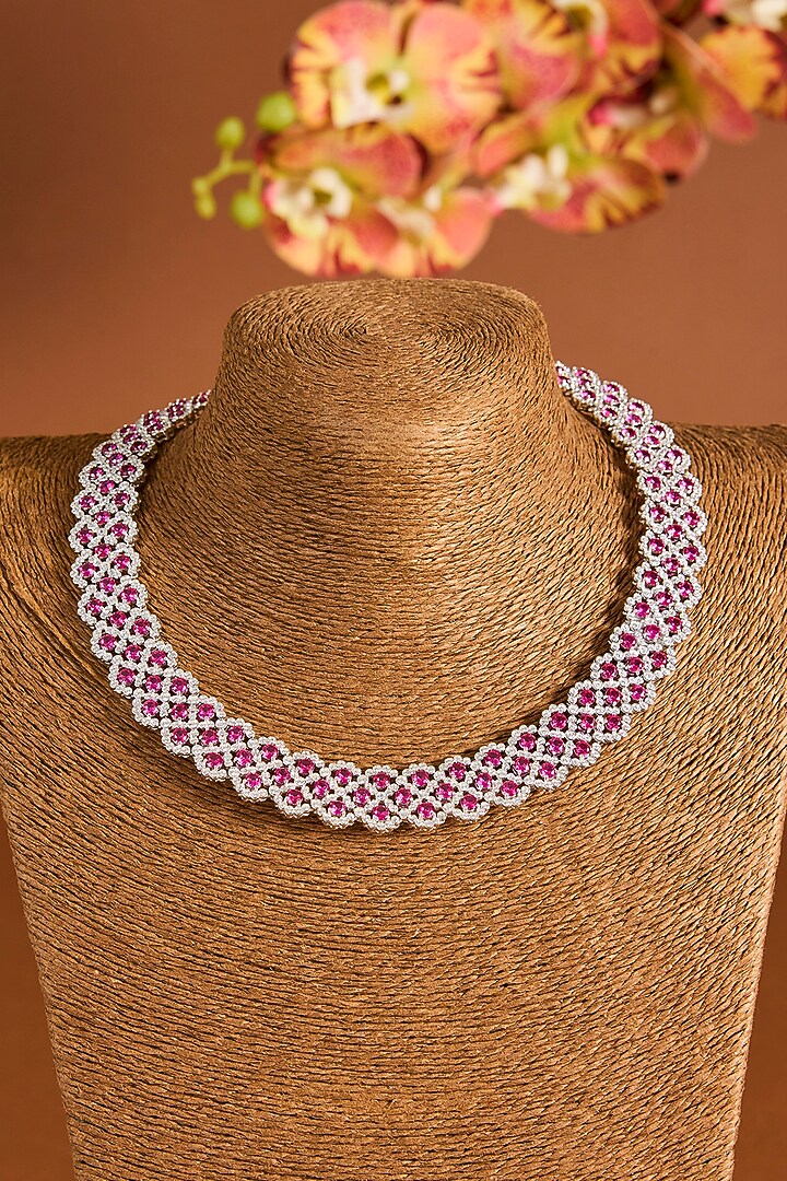 White Gold Finish Zircon & Ruby Stone Necklace Set In Sterling Silver by STELLA CREATIONS at Pernia's Pop Up Shop