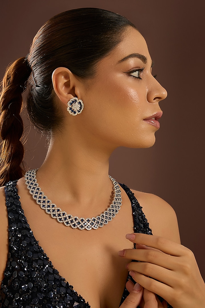 White Gold Finish Zircon & Sapphire Stone Necklace Set In Sterling Silver by STELLA CREATIONS at Pernia's Pop Up Shop