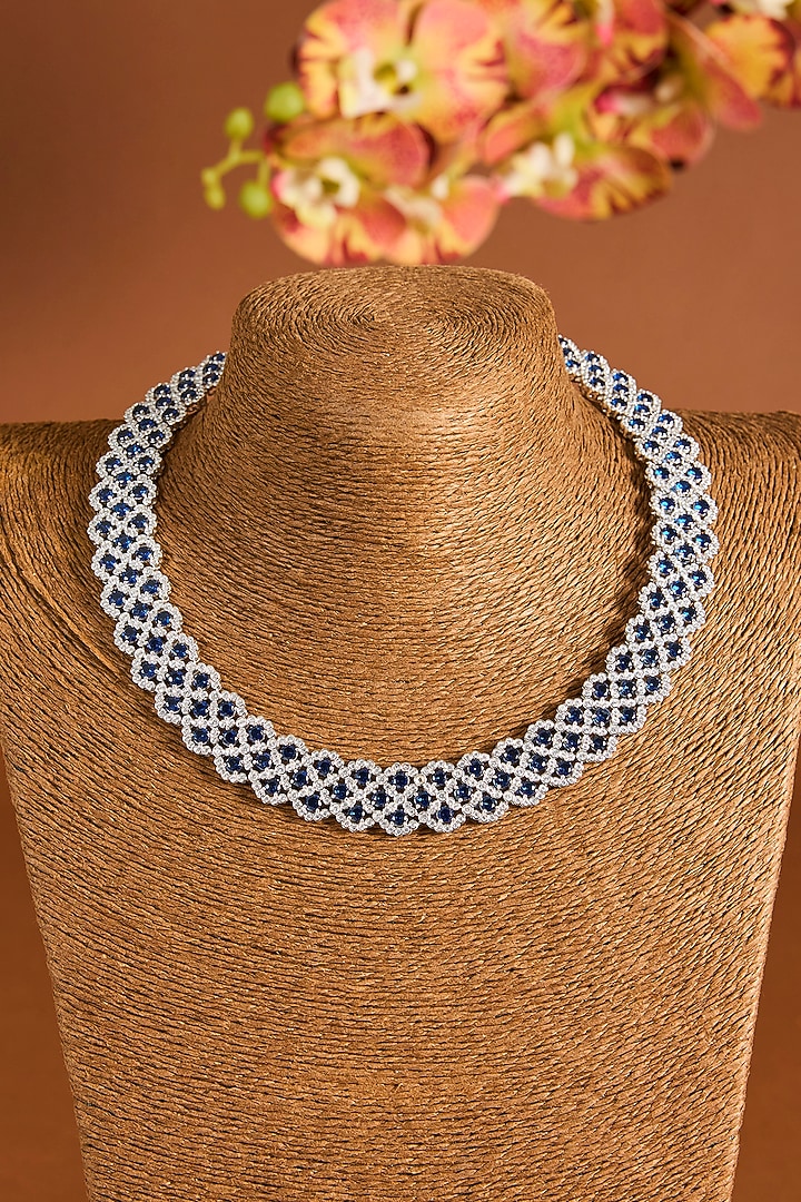 White Gold Finish Zircon & Sapphire Stone Necklace Set In Sterling Silver by STELLA CREATIONS at Pernia's Pop Up Shop