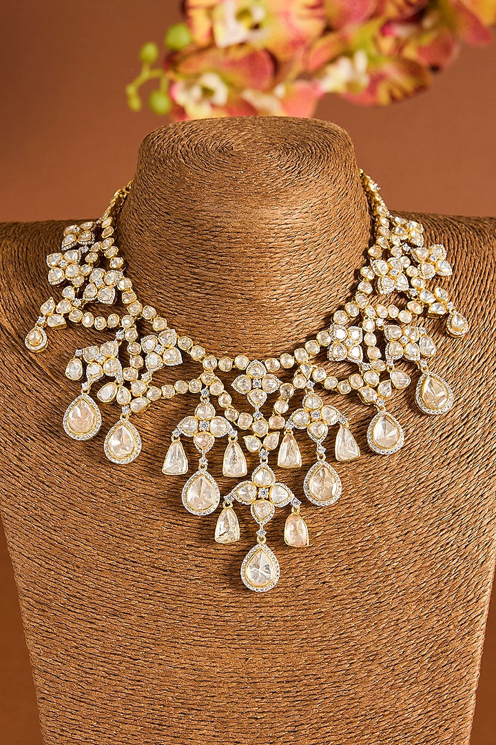 Yellow Gold Finish Moissanite Kundan Polki Necklace Set In Sterling Silver by STELLA CREATIONS at Pernia's Pop Up Shop