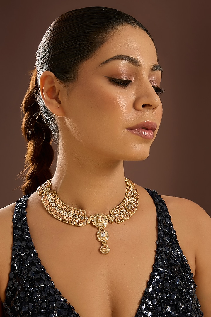 Yellow Gold Finish Swarovski & Orange Tourmaline Stone Choker Necklace In Sterling Silver by STELLA CREATIONS at Pernia's Pop Up Shop