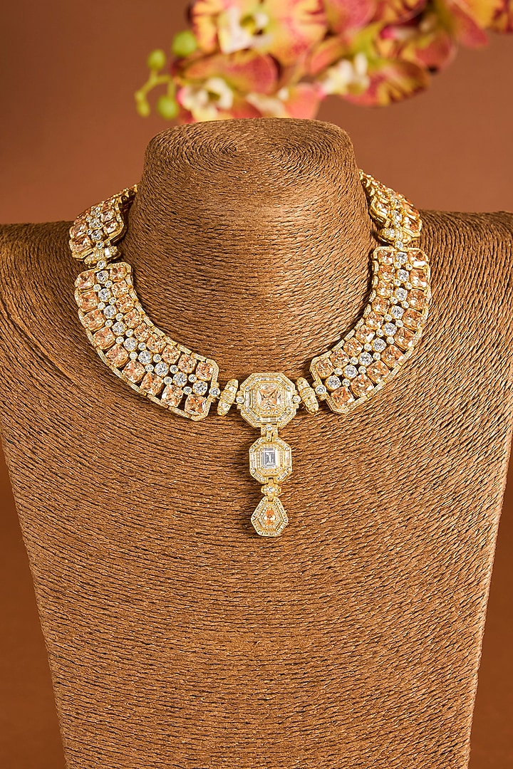 Yellow Gold Finish Swarovski & Orange Tourmaline Stone Choker Necklace In Sterling Silver by STELLA CREATIONS at Pernia's Pop Up Shop