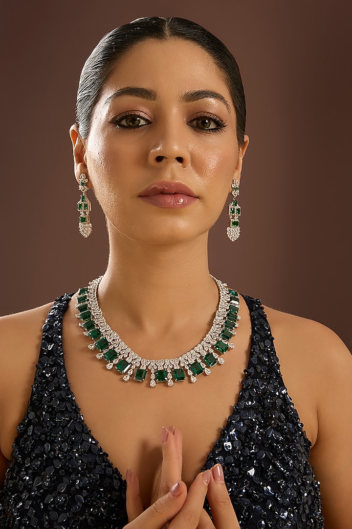 White Gold Finish Zircon & Emerald Stone Necklace Set by STELLA CREATIONS at Pernia's Pop Up Shop