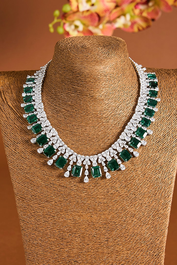 White Gold Finish Zircon & Emerald Stone Necklace Set by STELLA CREATIONS at Pernia's Pop Up Shop